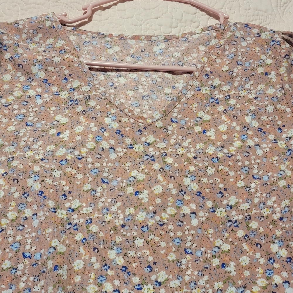 Pale pink with white, cream and blue flowers